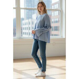 NEW Walter Baker Eugene Top Light Blue Ruffled Long Sleeve Women M Blouse Cotton